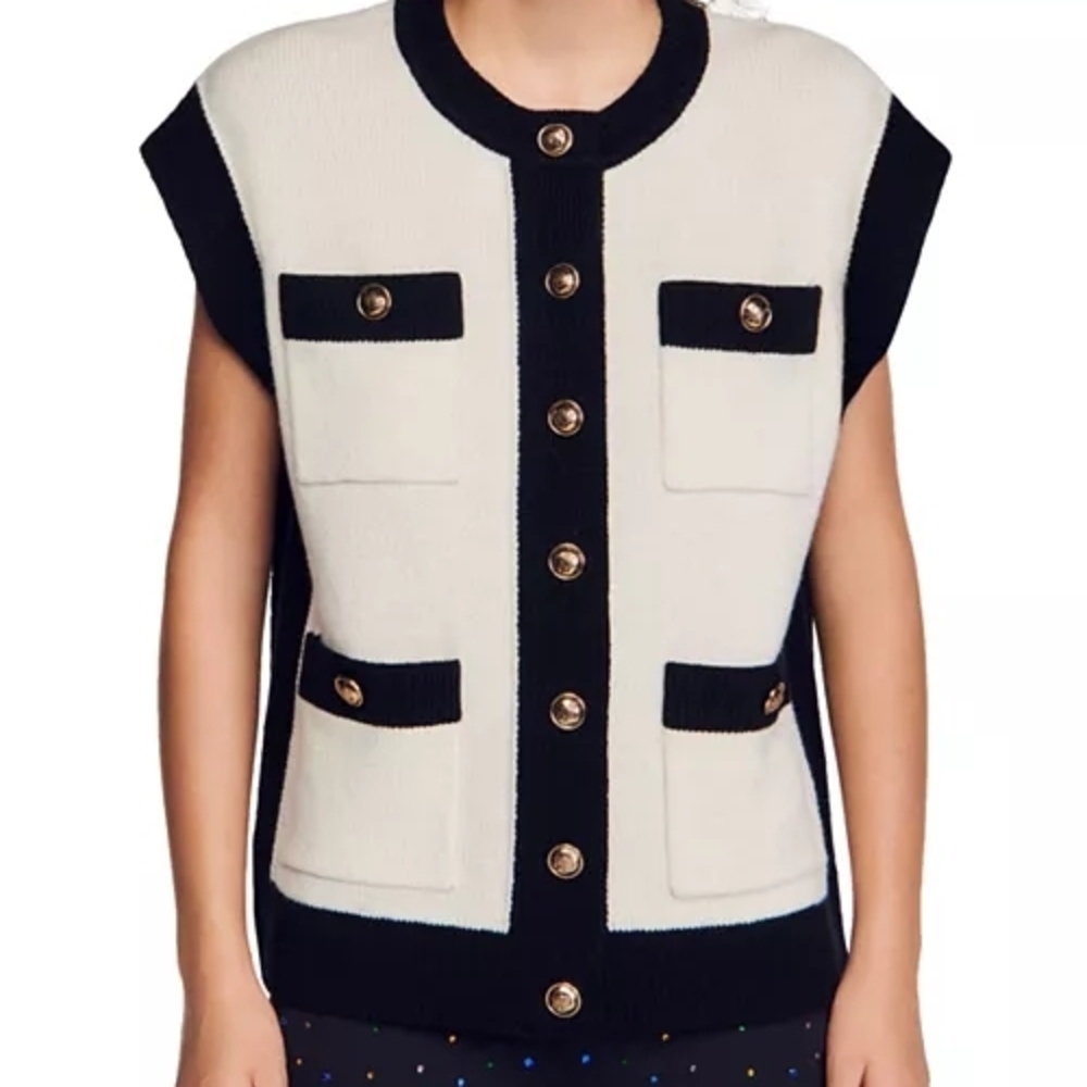 Sandro Black & White Button-Front Knit Vest SandroLunea Two Tone Sleeveless Coat